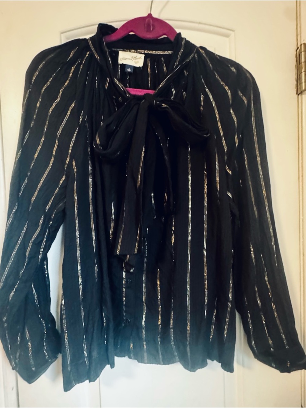 Universal Thread Black Blouse with Metallic Gold Stripes and Tie Neck